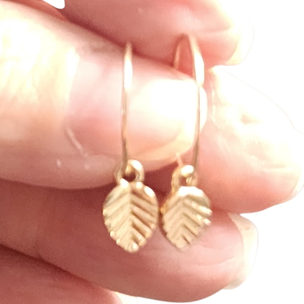 Gold Tone Leaf Drop Hoop Earrings